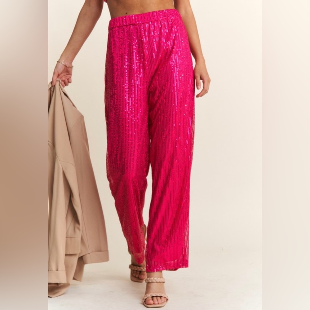 Hot Pink Sparkly Sequin High Waisted Straight Leg Barbiecore Galentine's Pants S